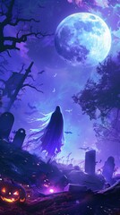 Ghostly Apparition in a Graveyard with Jack-o’-Lanterns and Full Moon