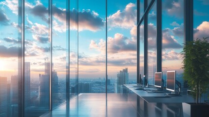 A modern office with expansive glass windows showcasing a vibrant sunset over a cityscape, featuring sleek furnishings and greenery.