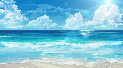 Obraz premium A beautiful scene of the blue ocean against the blue sky background. The ocean stretches out as far as the eye can see, with its surface glistening in the sunlight