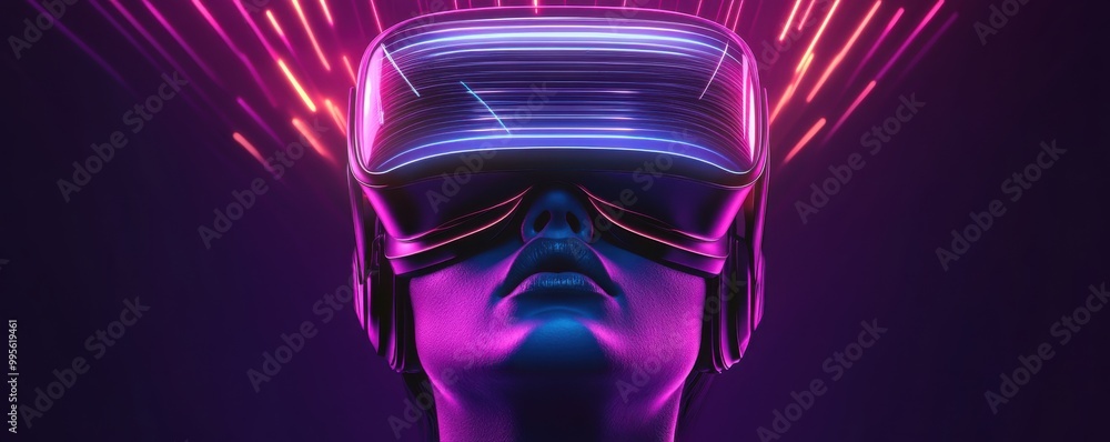 Poster abstract of neon lines forming a futuristic virtual reality headset on a person's face with dynamic 