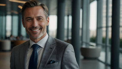 Fototapeta premium Confident Businessman: A confident, successful businessman beams with a genuine smile, radiating confidence and success in a professional setting.