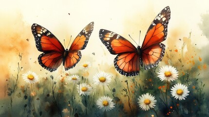 Two Monarch Butterflies in a Floral Meadow Generative AI