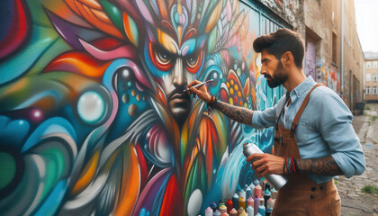 Street artist painting colorful graffiti on generic wall