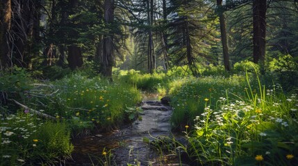 Fototapeta premium A serene forest glade with a soft babbling brook, surrounded by wildflowers and sheltered by tall trees.
