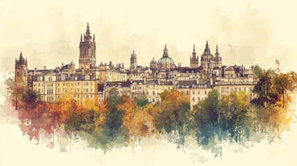 Obraz premium Bath, color pen pencil hand-drawn effect drawing illustration for travel poster, card, wallpaper, backdrop or banner. Modern, clear, artistic and simple