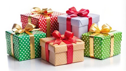 Fototapeta premium Gift boxes wrapped in colorful paper and tied with silky ribbons are sitting on a white background