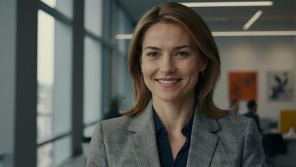 Fototapeta premium Confident Businesswoman Portrait: A smiling businesswoman exudes confidence and professionalism in a modern office setting. Her warm smile and direct gaze convey approachability and success.