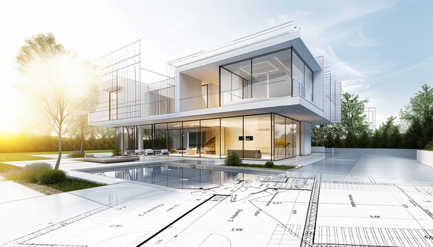 Projet de construction avec plan d'un architecte d'une maison moderne blanche avec de grandes baies vitr&eacute;es