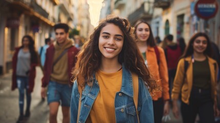 Fototapeta premium Group of Happy Young Friends Walking in a Lively Urban Street