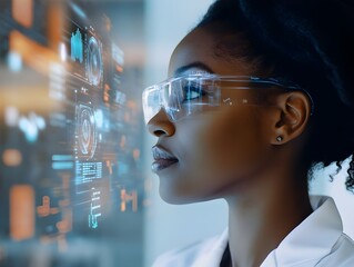 Woman Afro-American Scientist Analyzing Digital Data on Futuristic Screen
