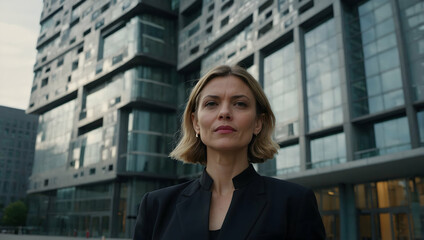 Confident Businesswoman:  A powerful businesswoman confidently gazes ahead, showcasing strength and determination in a modern urban setting.