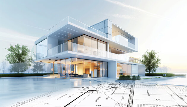 Projet de construction avec plan d'un architecte d'une maison moderne blanche avec de grandes baies vitr&eacute;es