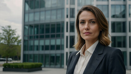 Fototapeta premium Confident Businesswoman:Portrait of a successful businesswoman standing confidently in front of a modern office building. She exudes professionalism and determination.