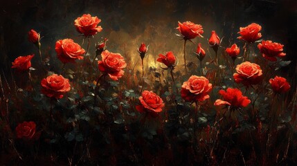 Obraz premium Red Roses in a Dark Artistic Setting Generative AI