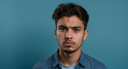 Obraz premium Serious Young Man: A young man with a serious expression looks directly at the camera, his intense gaze conveying a sense of determination and focus.