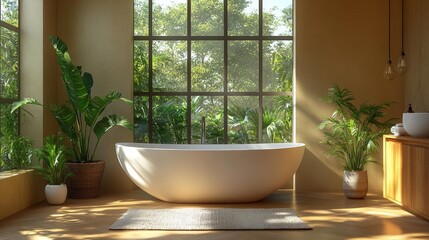 Fototapeta premium Luxurious Modern Bathroom with Large Window and Greenery Generative AI