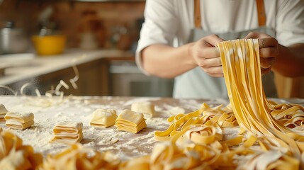 Homemade Pasta Making   Hands Preparing Fresh Egg Noodles