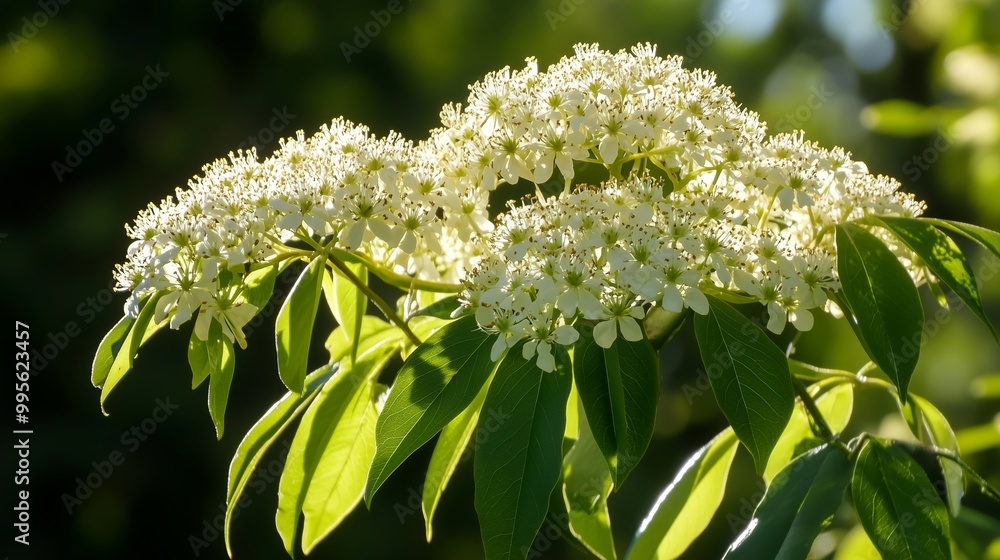 Poster Beautiful clusters of white flowers blooming on lush green leaves during a sunny day in a serene garden