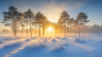 Naklejka premium A serene winter landscape at sunrise, with mist rising over snowy ground and pine trees silhouetted against the light.