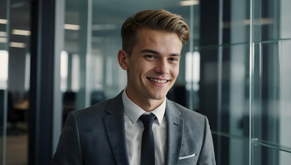 Fototapeta premium Confident Professional: A young, handsome businessman in a tailored suit smiles warmly, exuding confidence and success. He stands in a modern office setting.