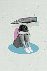 Vertical photo collage of offended girl cry hug knee hand push punishment abuse domestic bullying...