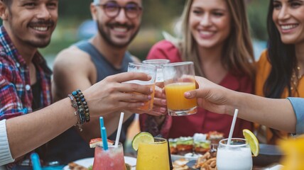 A group of friends gather around a table, each holding a glass filled with a vibrant drink, as they raise them in a celebratory toast.