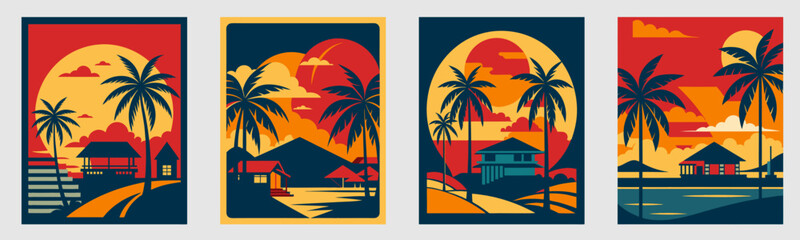 tropical resort retro poster, relaxing vacation vibrant colors imagery palm trees beach houses sunset