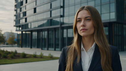 Fototapeta premium Confident Businesswoman: A young, successful businesswoman stands confidently outside a modern office building, exuding professionalism and ambition. Her expression conveys determination and success.