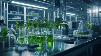 A vibrant laboratory scene showcasing green liquids in glassware, with plants, evoking a sense of scientific research and innovation.
