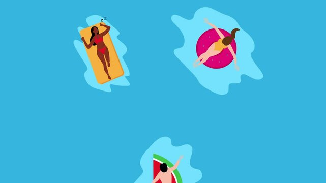 People floating on inflatable rings in a swimming pool. Top view cartoon animation