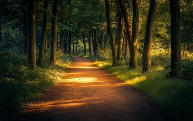 Obraz premium A serene forest path illuminated by soft sunlight, inviting exploration and tranquility.
