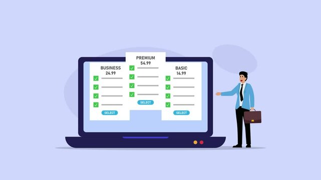 Business Professional Presenting Various Subscription Plans With Pricing Options on a Laptop Screen cartoon animation