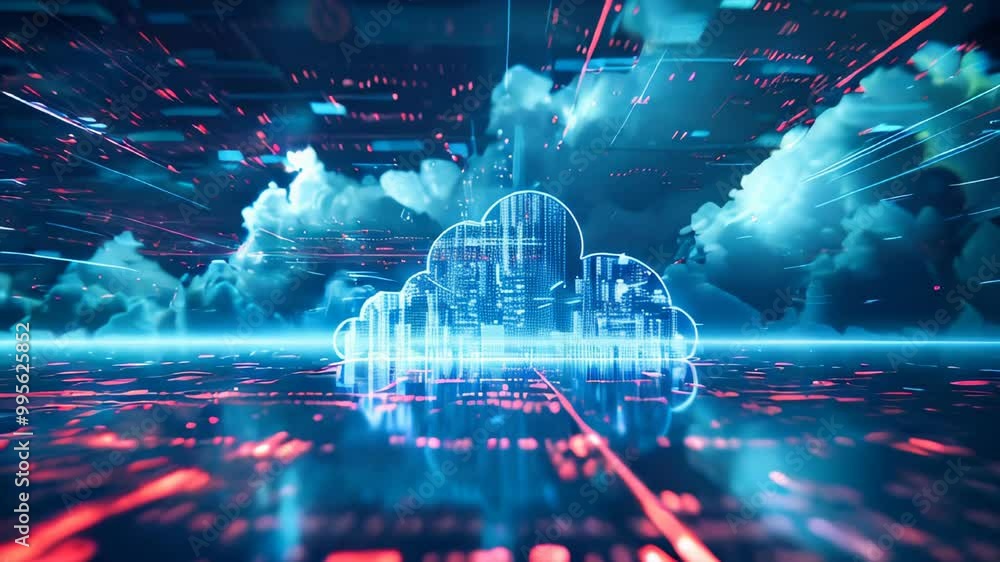 Poster blue abstract cloud data hologram. cloud storage and computing concept.