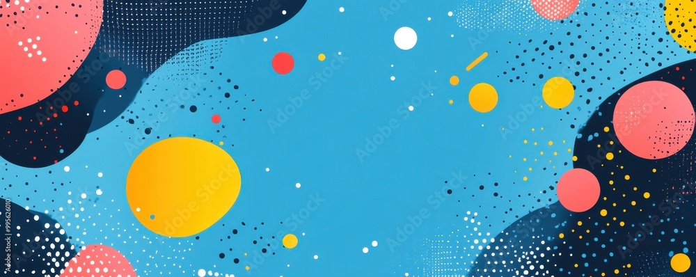 Poster colorful abstract shapes on a vibrant blue background with dynamic patterns and geometric design ele