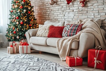 Cozy living room with a decorated Christmas tree a comfortable couch with red pillows and wrapped presents creating a festive holiday atmosphere