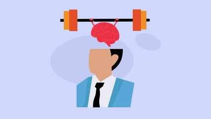 Strong powerful brain holding heavy barbell. Intelligence, mind, imagination, creativity, wisdom, knowledge and education cartoon animation