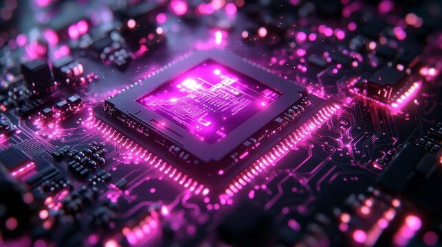 Futuristic glowing pink microchip with circuitry Generative AI