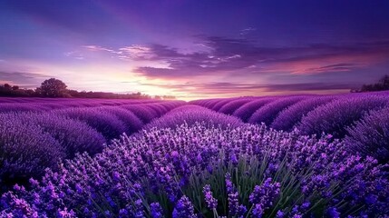 Fototapeta premium A serene lavender field at sunset, showcasing vibrant purple hues and a tranquil atmosphere.