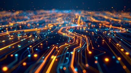 Abstract digital network with glowing lines and nodes, representing data flow and connectivity.