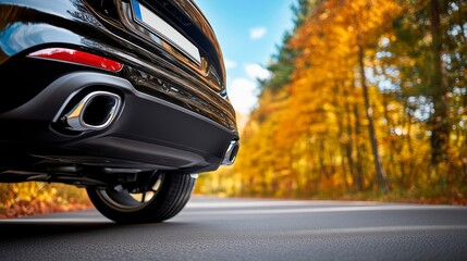 Fototapeta premium Autumn drive down a tree-lined road with a sleek black car in focus