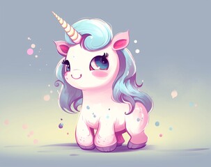 Fototapeta premium Adorable Cartoon Unicorn Illustration with Blue Mane and Cute Expression