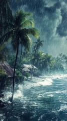A stormy seaside scene with heavy rain, crashing waves, and lush palm trees under dark clouds.