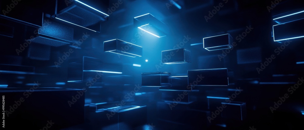 Poster abstract digital landscape with floating blocks and blue light effects, creating a futuristic vibe.