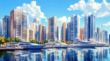 Gleaming Skyscrapers and Luxurious Yachts in a Vibrant Waterfront City