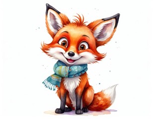 Obraz premium A smiling cartoon fox cub wearing a blue scarf sits on a white background in the center. 