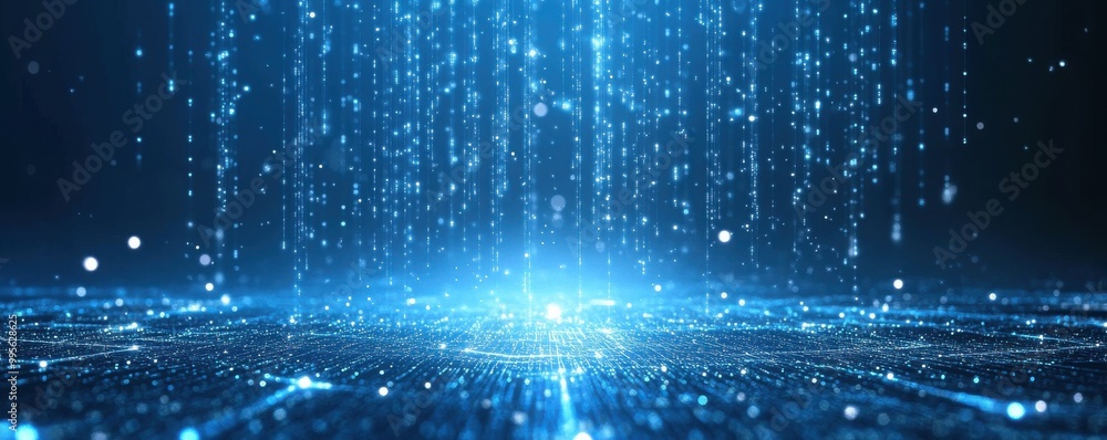 Poster blue background with glowing light lines and digital futuristic abstract technology pattern