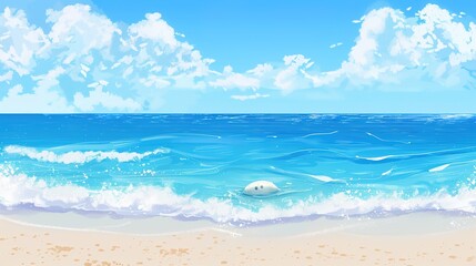 Obraz premium A beautiful scene of the blue ocean against the blue sky background. The ocean stretches out as far as the eye can see, with its surface glistening in the sunlight