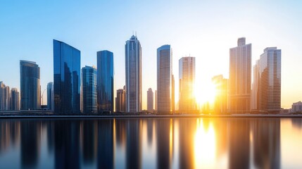 Obraz premium A stunning skyline of modern skyscrapers during sunrise, reflecting on calm water, showcasing urban beauty and architectural marvels.