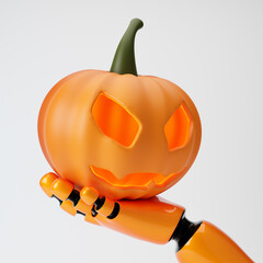 Robot cartoon hand holding Halloween pumpkin isolated over white background. 3d rendering.