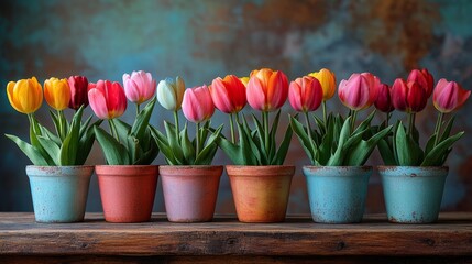 Colorful Tulips in Rustic Pots on Wooden Table Generative AI